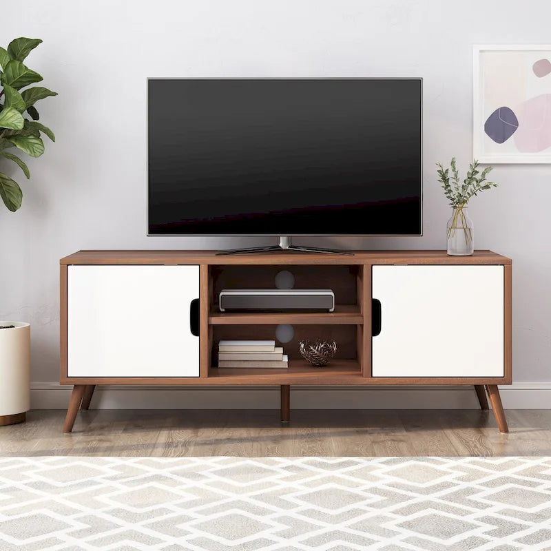 White+Walnut 47.25 TV-Ständer mit ausgestellten Beinen und 3 versetzten Schubladen für 40-Zoll-Fernseher