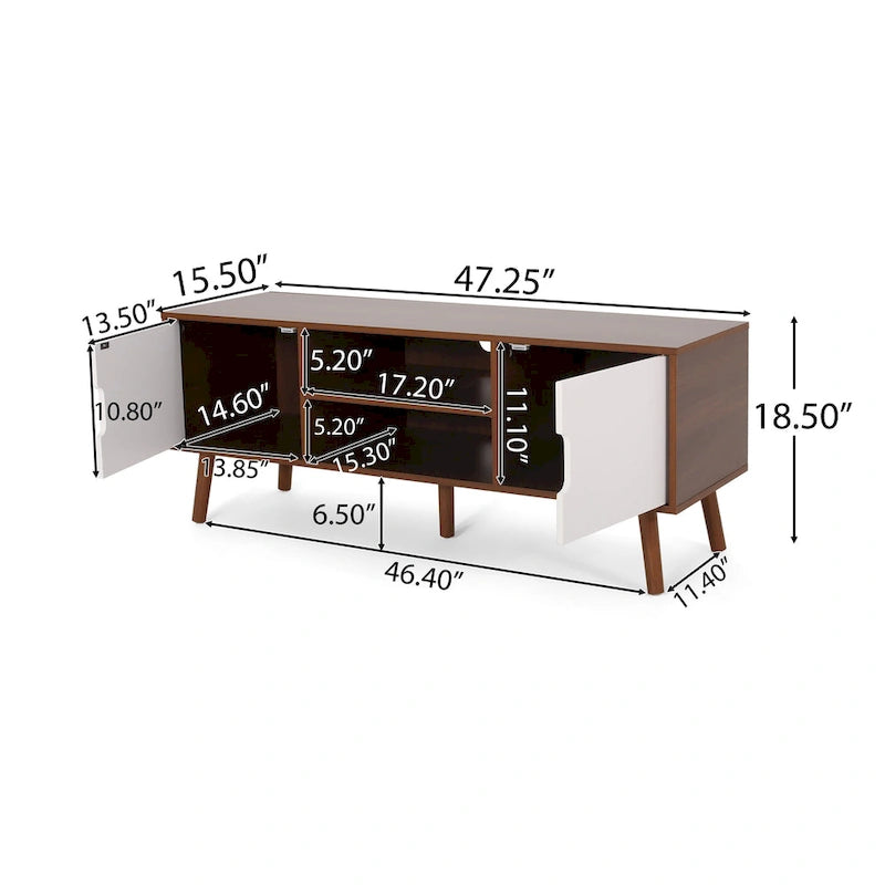 White+Walnut 47.25 TV-Ständer mit ausgestellten Beinen und 3 versetzten Schubladen für 40-Zoll-Fernseher