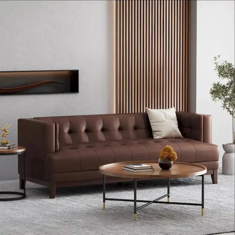 Dunkelbraunes modernes 3-Sitzer-Sofa mit Knopfheftung und Holzbeinen, 205 cm