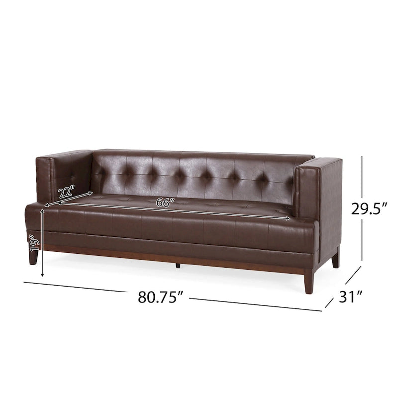 Dunkelbraunes modernes 3-Sitzer-Sofa mit Knopfheftung und Holzbeinen, 205 cm
