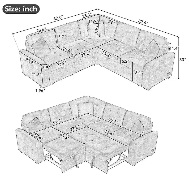 Marineblaues 82.6 Samt L-förmiges Schlafsofa mit USB-Anschlüssen