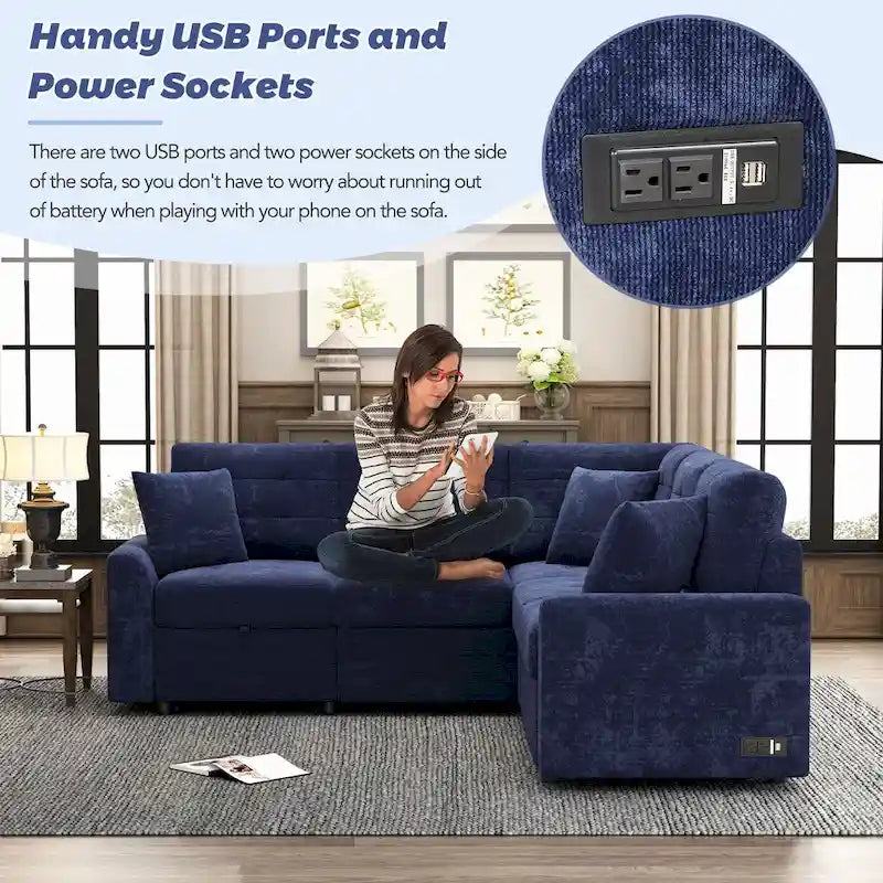 Marineblaues 82.6 Samt L-förmiges Schlafsofa mit USB-Anschlüssen