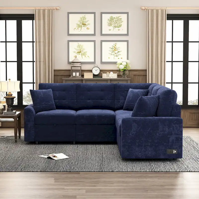 Marineblaues 82.6 Samt L-förmiges Schlafsofa mit USB-Anschlüssen
