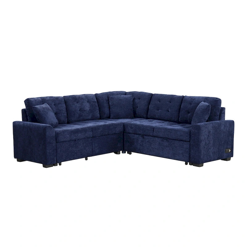 Marineblaues 82.6 Samt L-förmiges Schlafsofa mit USB-Anschlüssen