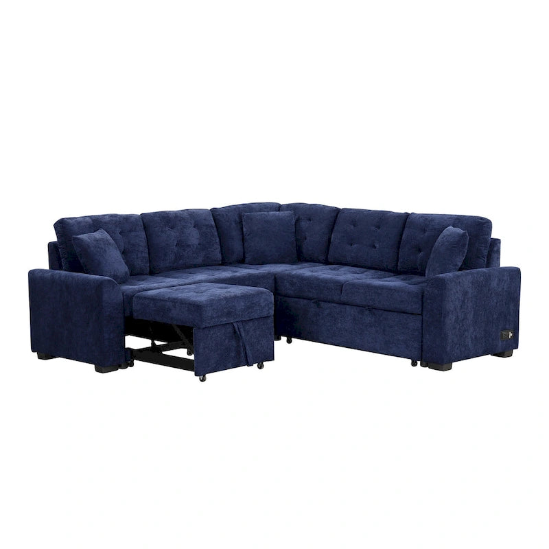 Marineblaues 82.6 Samt L-förmiges Schlafsofa mit USB-Anschlüssen