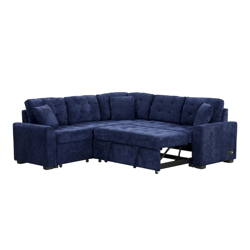 Marineblaues 82.6 Samt L-förmiges Schlafsofa mit USB-Anschlüssen