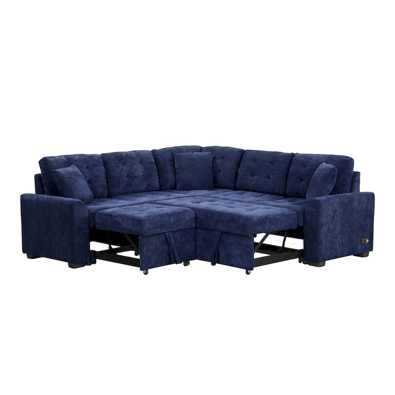 Marineblaues 82.6 Samt L-förmiges Schlafsofa mit USB-Anschlüssen
