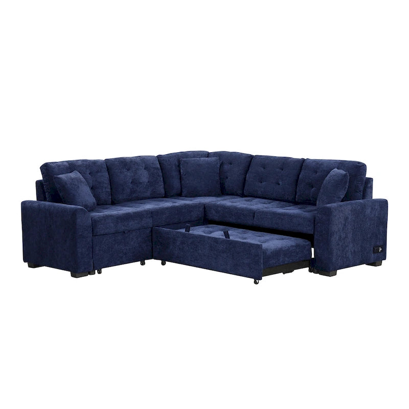 Marineblaues 82.6 Samt L-förmiges Schlafsofa mit USB-Anschlüssen