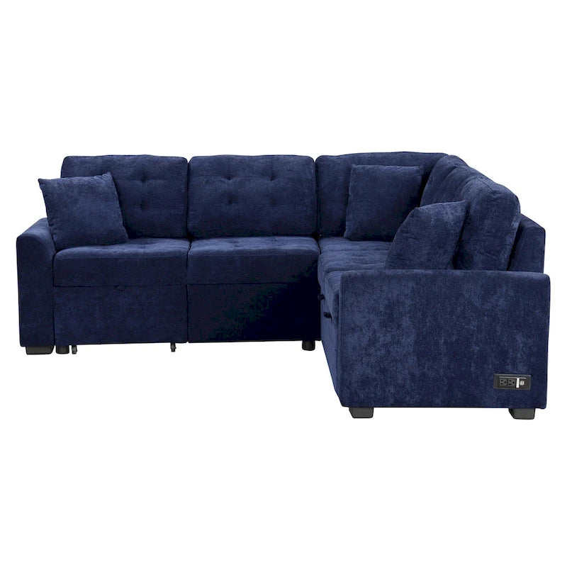 Marineblaues 82.6 Samt L-förmiges Schlafsofa mit USB-Anschlüssen