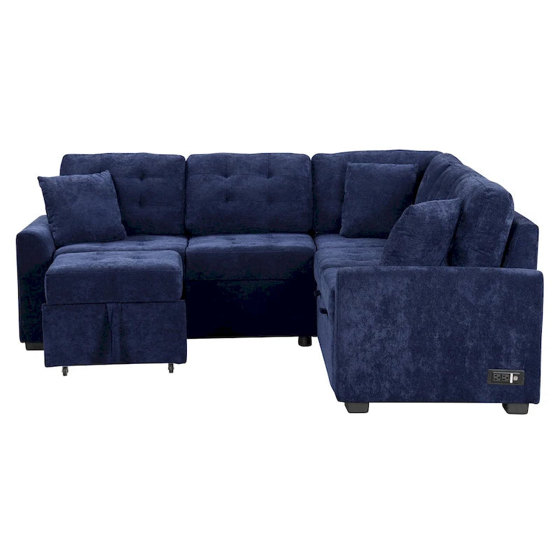 Marineblaues 82.6 Samt L-förmiges Schlafsofa mit USB-Anschlüssen