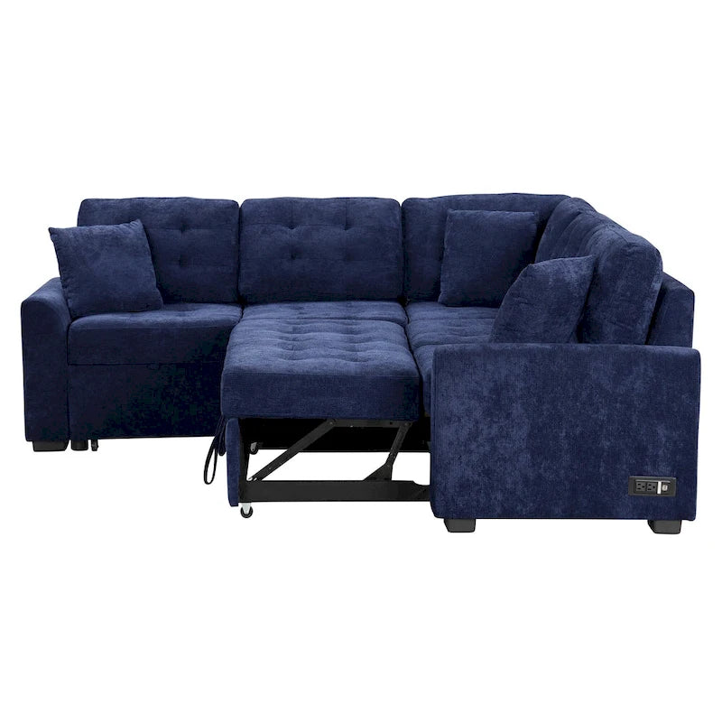 Marineblaues 82.6 Samt L-förmiges Schlafsofa mit USB-Anschlüssen