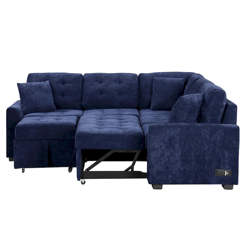 Marineblaues 82.6 Samt L-förmiges Schlafsofa mit USB-Anschlüssen