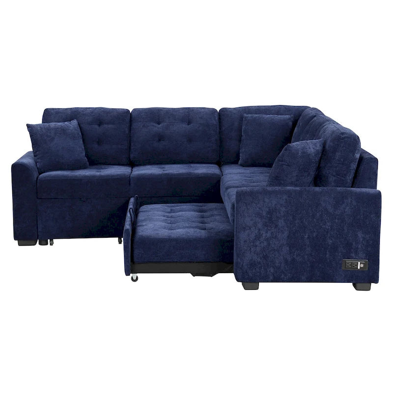 Marineblaues 82.6 Samt L-förmiges Schlafsofa mit USB-Anschlüssen