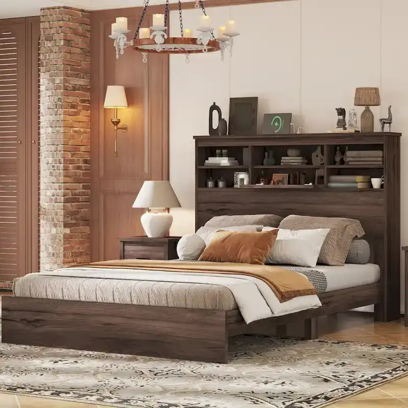 Queen-Size Vintage-Holzbettgestell mit Stauraum-Kopfteil