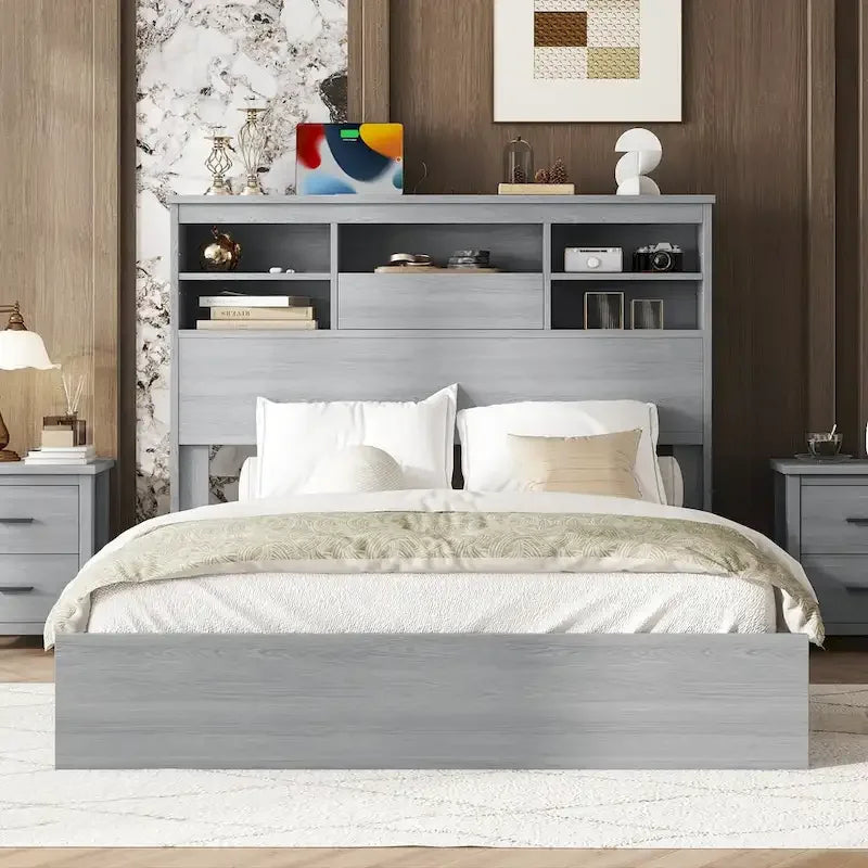 Queen-Size Vintage-Holzbettgestell mit Stauraum-Kopfteil