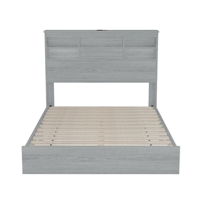 Queen-Size Vintage-Holzbettgestell mit Stauraum-Kopfteil