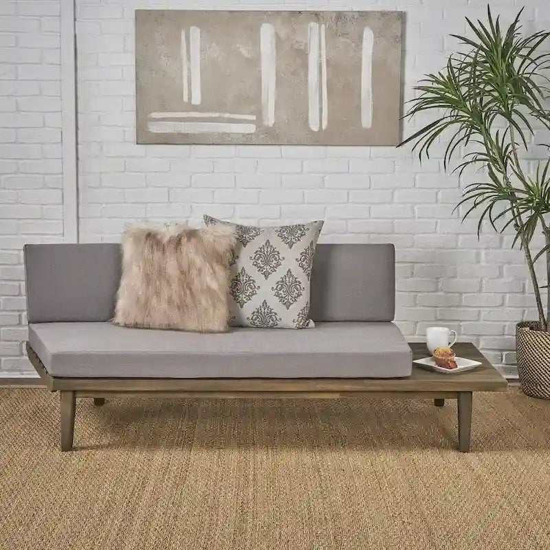 Minimalistisches Holz- und Stoffsofa mit rechter Ottomane