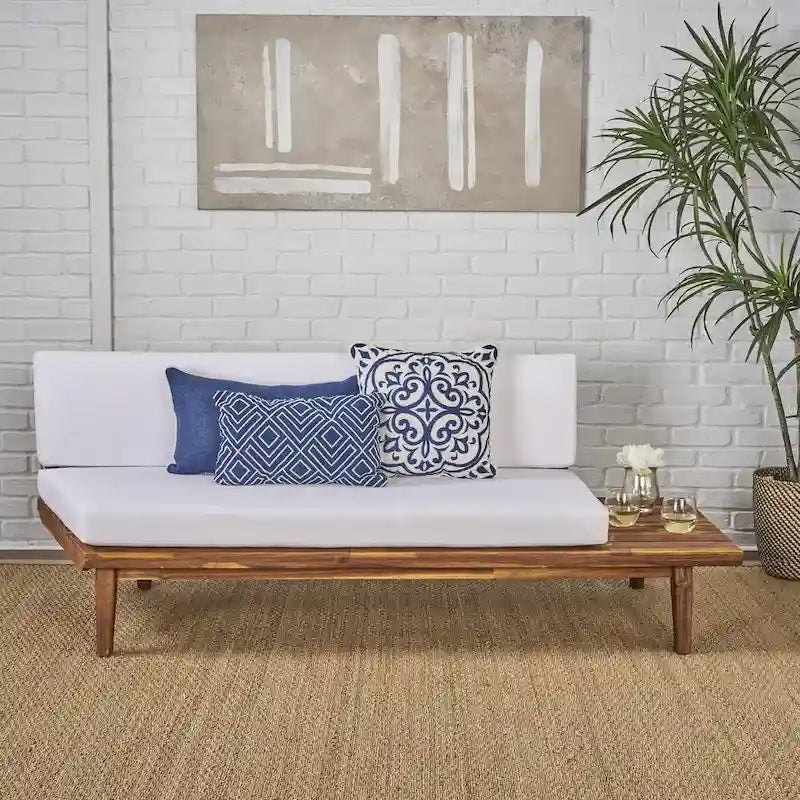 Minimalistisches Holz- und Stoffsofa mit rechter Ottomane