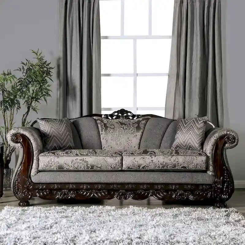Traditionelles Chenille-Sofa mit Zierleisten aus Holz