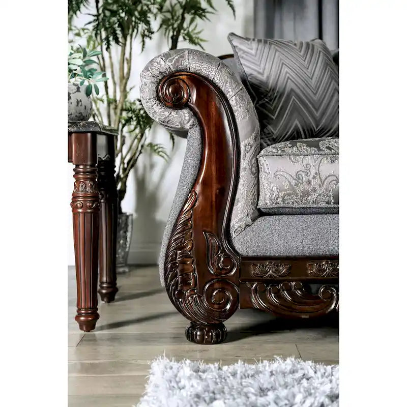 Traditionelles Chenille-Sofa mit Zierleisten aus Holz