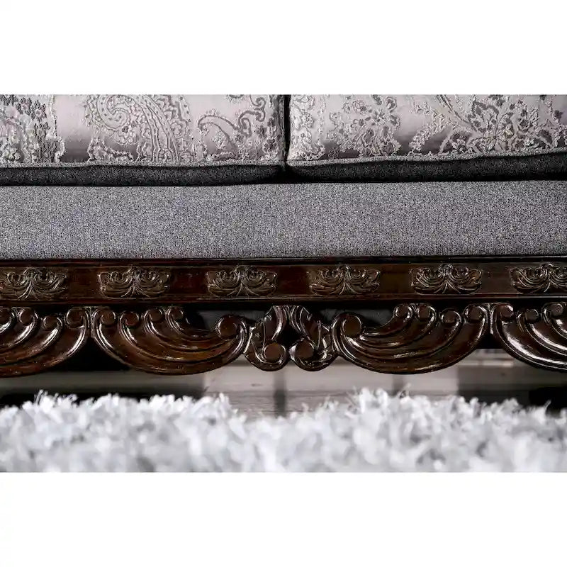 Traditionelles Chenille-Sofa mit Zierleisten aus Holz