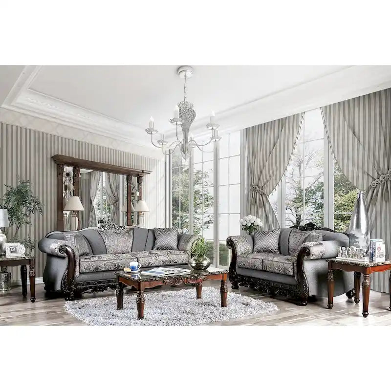 Traditionelles Chenille-Sofa mit Zierleisten aus Holz
