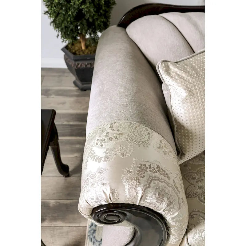 Traditionelles Chenille-Sofa mit Zierleisten aus Holz