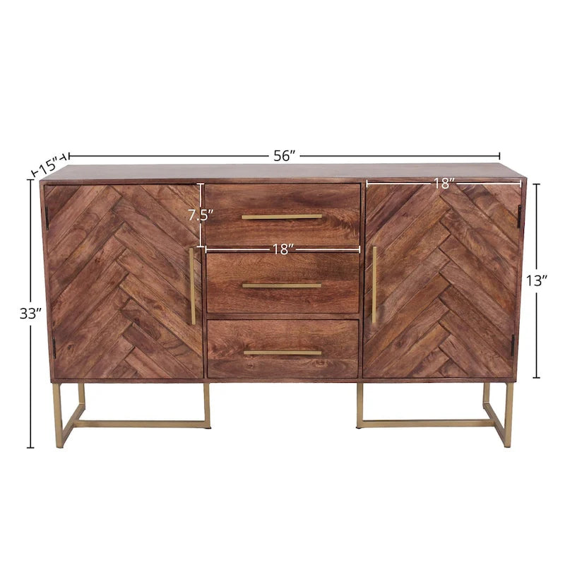 2-Türiger, 3-Schubladiger Fischgrät Mango Holzschrank