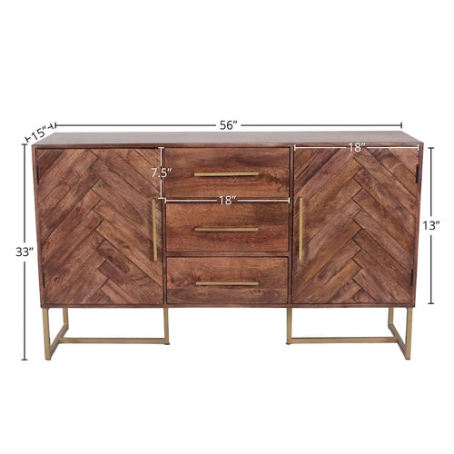 2-Türiger, 3-Schubladiger Fischgrät Mango Holzschrank