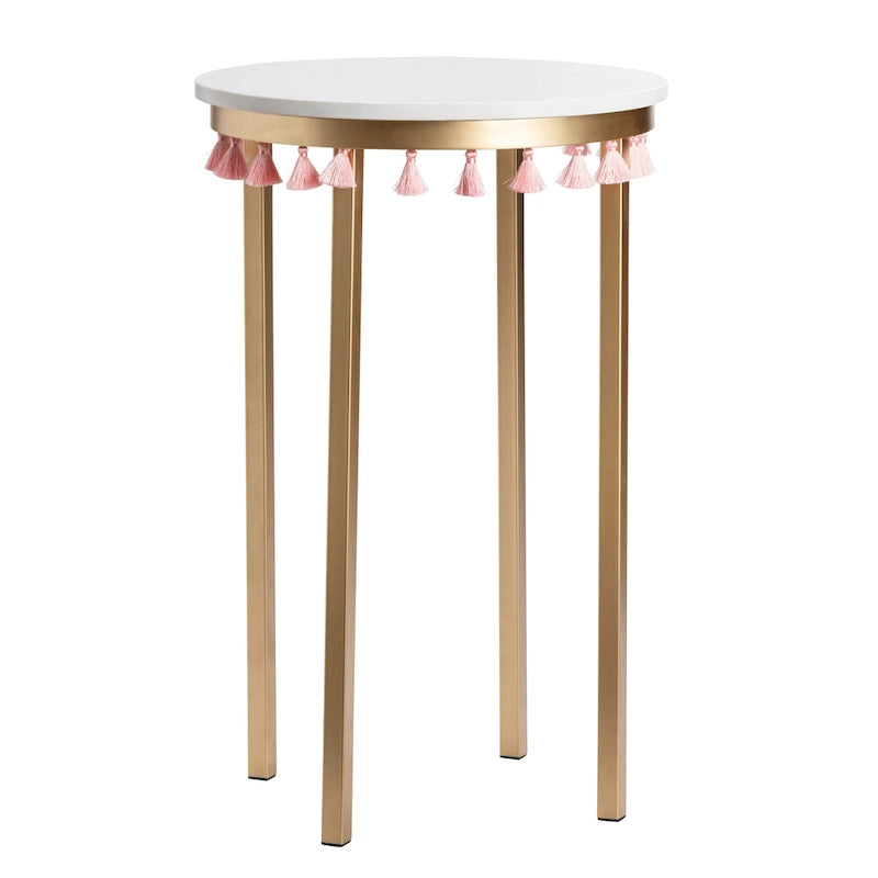 Akzenttisch mit Marmorplatte und rosa Quasten – 16 x 16 x 24