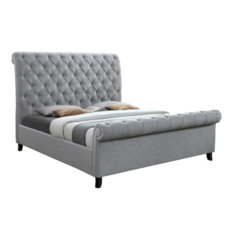 Queen Size gepolstertes Bett mit gerolltem Kopfteil, Grau