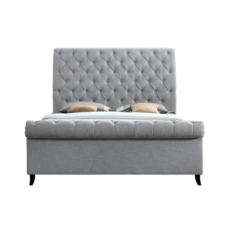 Queen Size gepolstertes Bett mit gerolltem Kopfteil, Grau