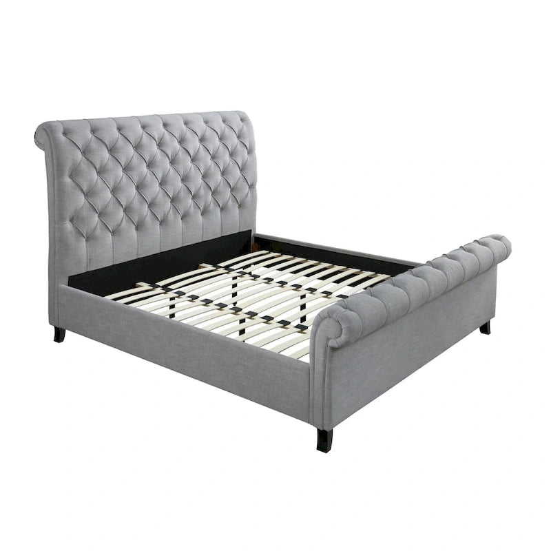 Queen Size gepolstertes Bett mit gerolltem Kopfteil, Grau