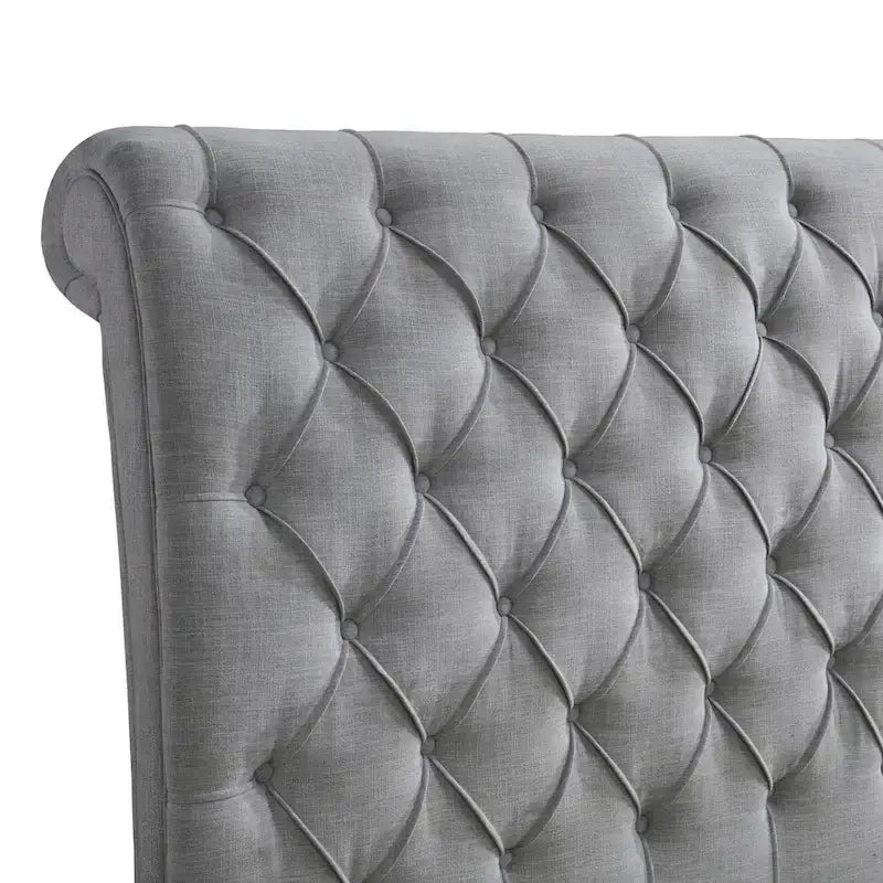 Queen Size gepolstertes Bett mit gerolltem Kopfteil, Grau