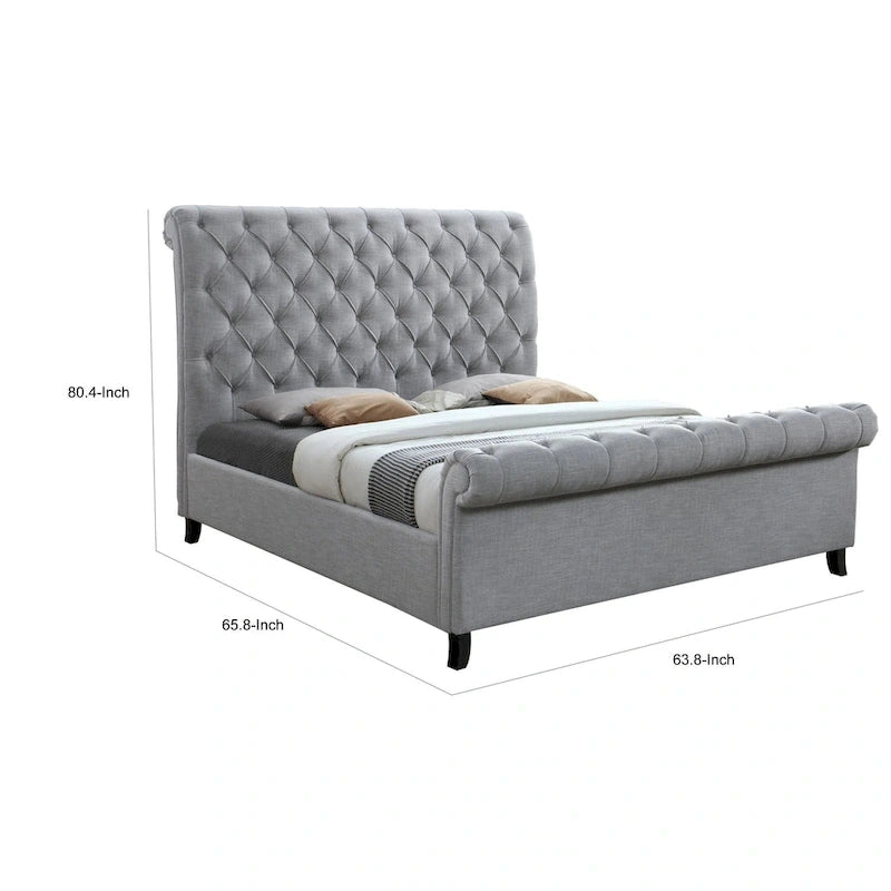Queen Size gepolstertes Bett mit gerolltem Kopfteil, Grau