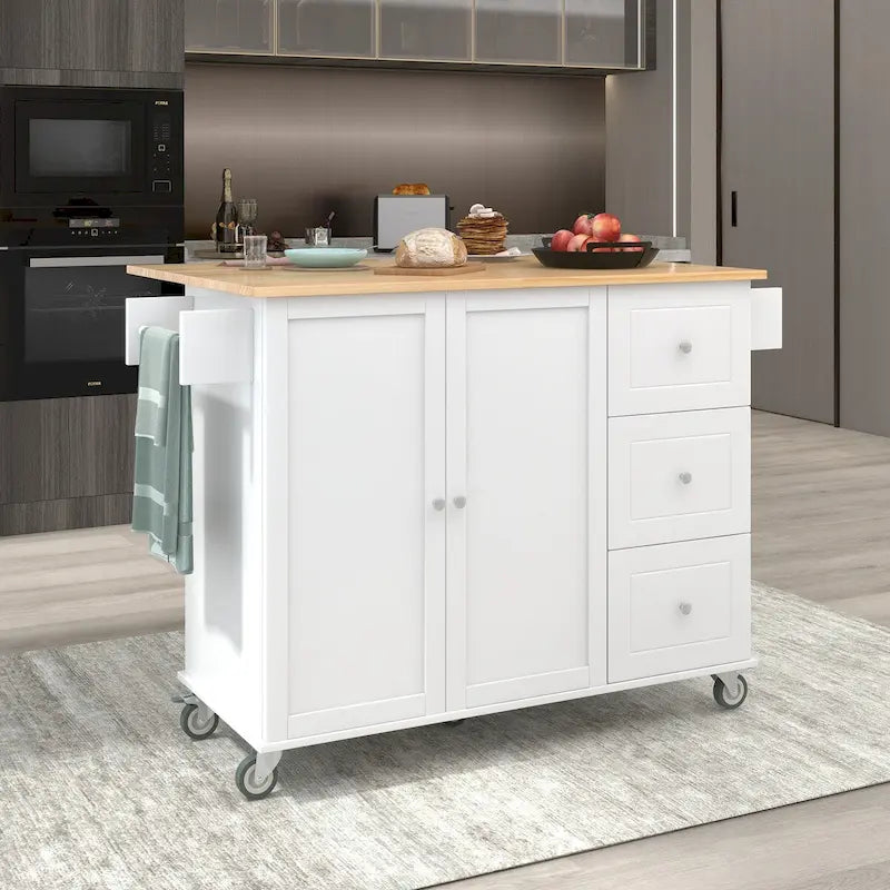Rollende mobile Kücheninsel mit Klappplatte – Massivholzplatte, feststellbare Rollen und Aufbewahrungsschrank, 133,9 cm Breite