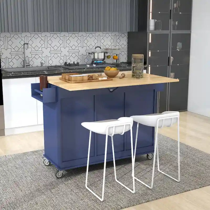 Rollende mobile Kücheninsel mit Klappplatte – Massivholzplatte, feststellbare Rollen und Aufbewahrungsschrank, 133,9 cm Breite