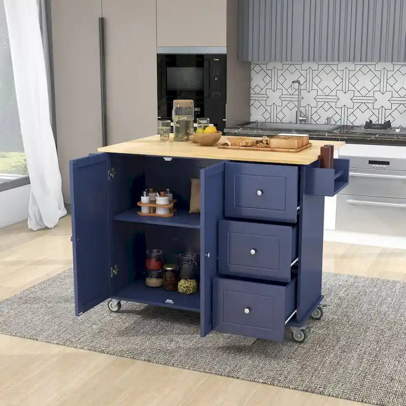 Rollende mobile Kücheninsel mit Klappplatte – Massivholzplatte, feststellbare Rollen und Aufbewahrungsschrank, 133,9 cm Breite