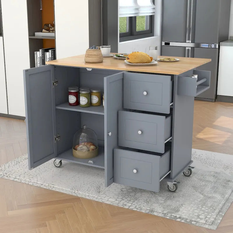 Rollende mobile Kücheninsel mit Klappplatte – Massivholzplatte, feststellbare Rollen und Aufbewahrungsschrank, 133,9 cm Breite