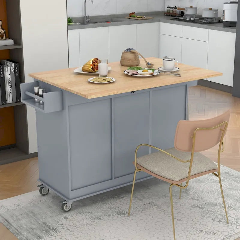 Rollende mobile Kücheninsel mit Klappplatte – Massivholzplatte, feststellbare Rollen und Aufbewahrungsschrank, 133,9 cm Breite