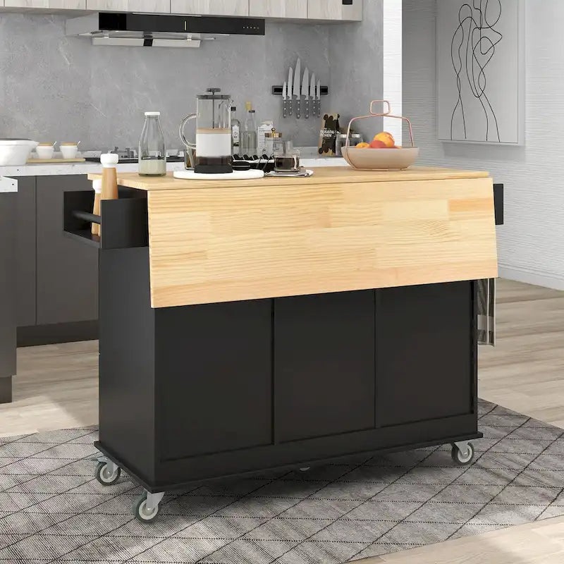 Rollende mobile Kücheninsel mit Klappplatte – Massivholzplatte, feststellbare Rollen und Aufbewahrungsschrank, 133,9 cm Breite