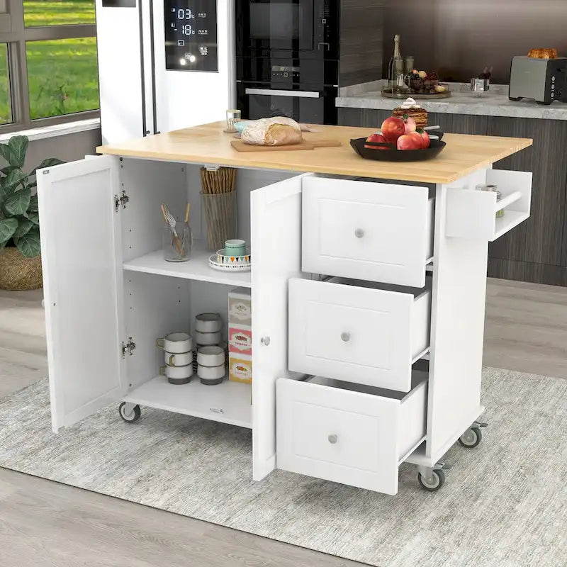 Rollende mobile Kücheninsel mit Klappplatte – Massivholzplatte, feststellbare Rollen und Aufbewahrungsschrank, 133,9 cm Breite