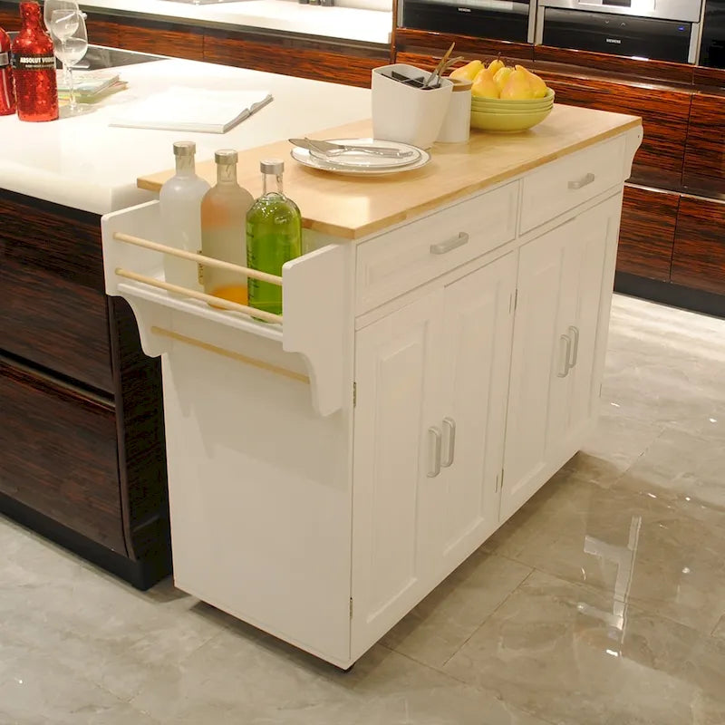 Kücheninsel & Küchenwagen, Gummibaum-Arbeitsplatte, großes und verstellbares Regal im Schrank für verschiedene Utensilien.