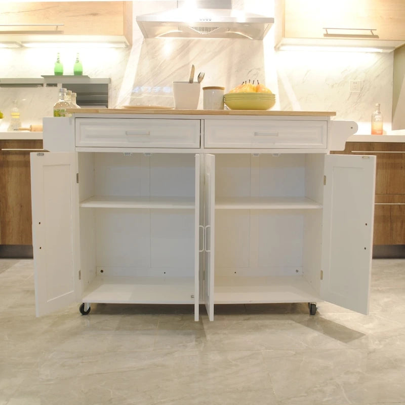 Kücheninsel & Küchenwagen, Gummibaum-Arbeitsplatte, großes und verstellbares Regal im Schrank für verschiedene Utensilien.
