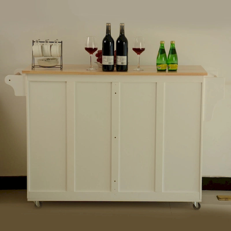 Kücheninsel & Küchenwagen, Gummibaum-Arbeitsplatte, großes und verstellbares Regal im Schrank für verschiedene Utensilien.
