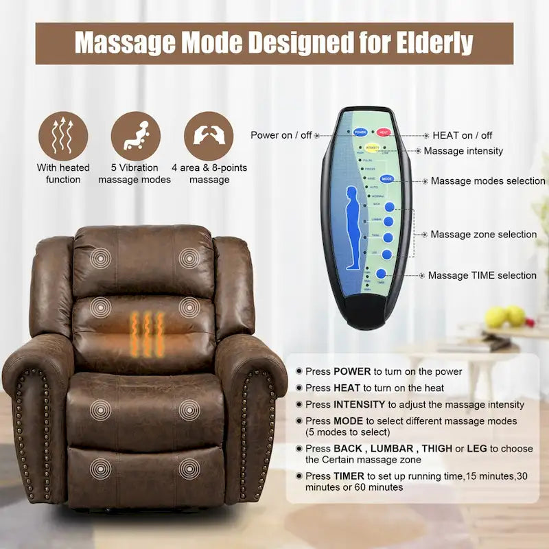Kunstleder Übergroßer Power Lift Sessel Fernbedienung, Massage & Heizung