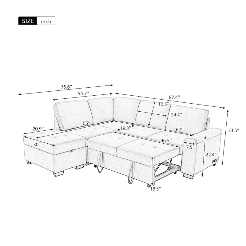 L-förmiges Eckschlafsofa mit Stauraum und USB-Ladefunktion
